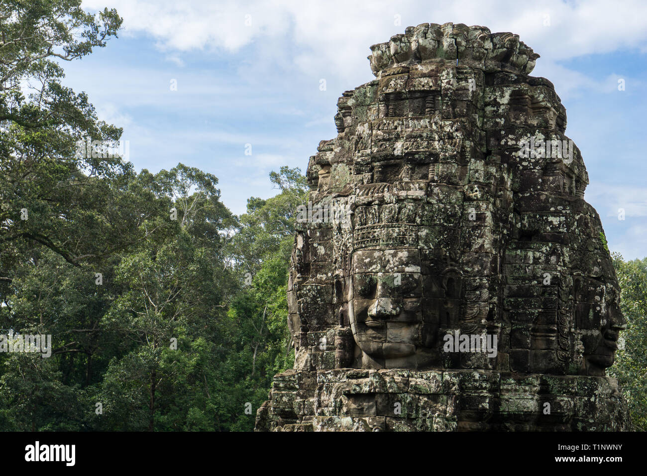 Schöne Stein Skulptur an der Tempelanlage Angkor Wat mit Jungle im Hintergrund Stockfoto