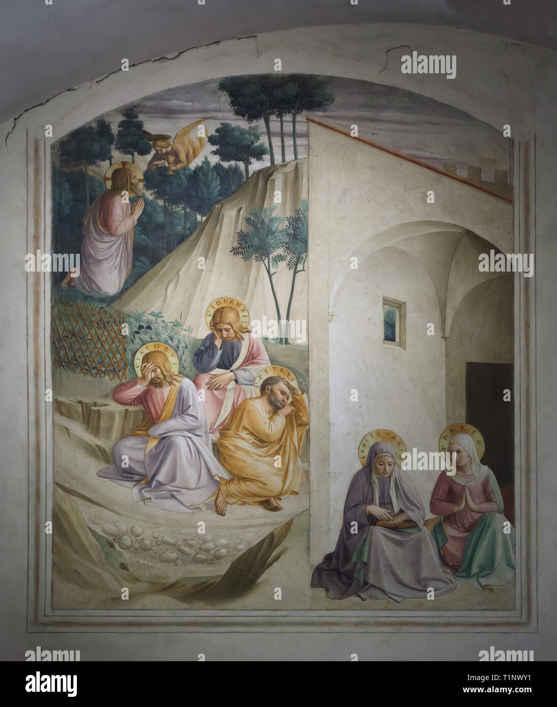 Fresko "Christus am Ölberg" durch die italienische Frührenaissance Maler Fra Angelico (1440-1442) an der Wand in die Zelle des Mönchs im San Marco Kloster lackiert (Convento di San Marco), nun das San Marco Museum (Museo Nazionale di San Marco) in Florenz, Toskana, Italien. Stockfoto