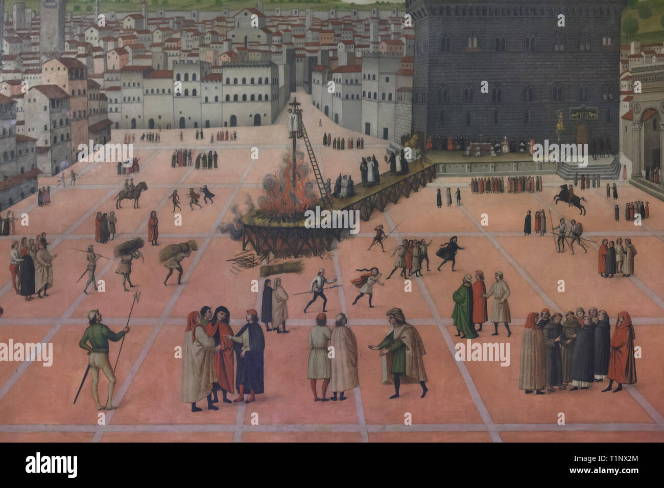 Malerei 'Martyrdom von Girolamo Savonarola in Piazza della Signoria am 23. Mai 1498" von einem unbekannten Maler aus dem Ende des 15. Jahrhunderts datiert auf Anzeige in der savonarola Zelle im San Marco Kloster (Convento di San Marco), nun das San Marco Museum (Museo Nazionale di San Marco) in Florenz, Toskana, Italien. Stockfoto