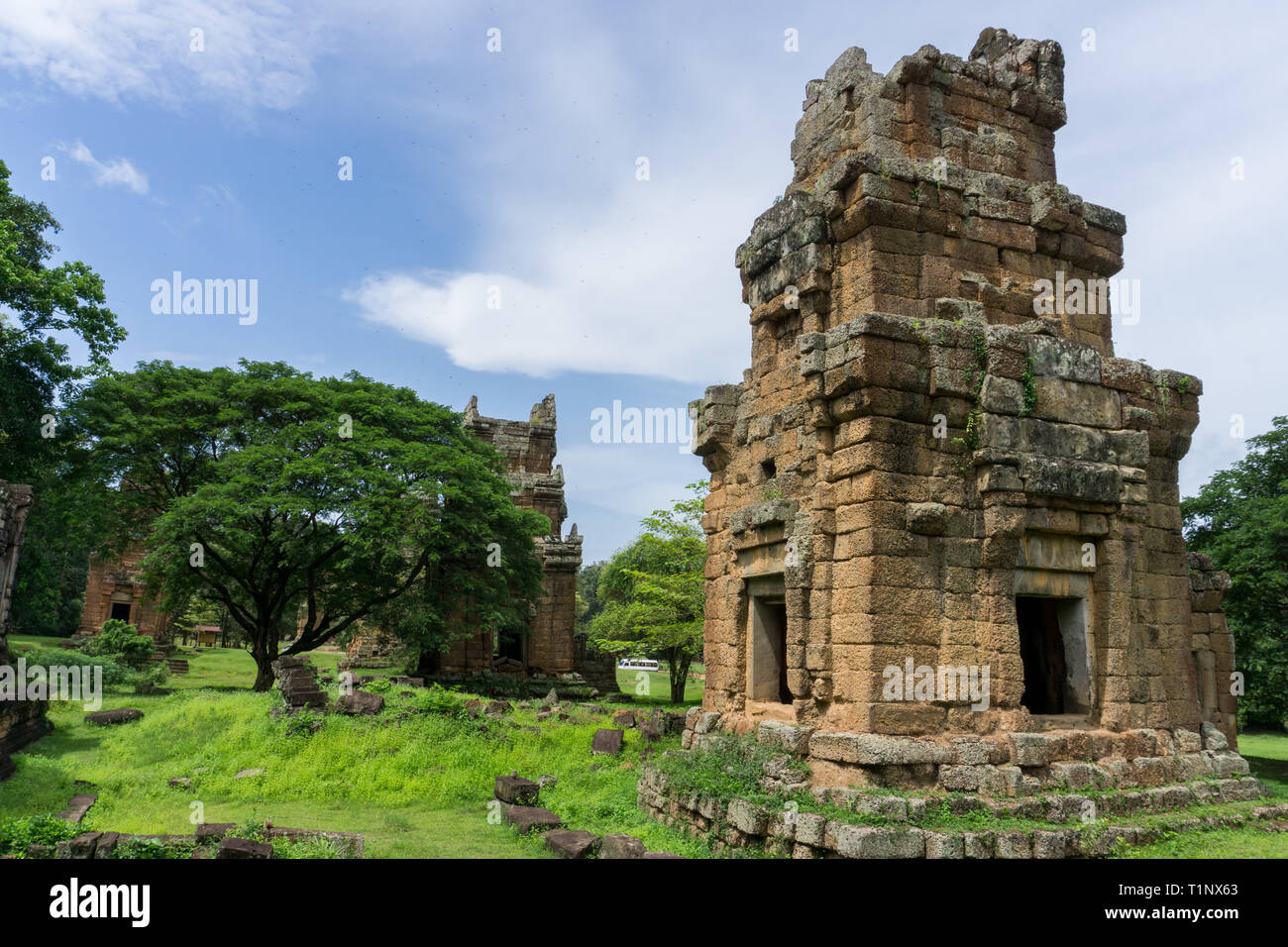 Antike Ruinen und riesigen Baum mit großen Vordach in Angkor Tempel Komplex Stockfoto