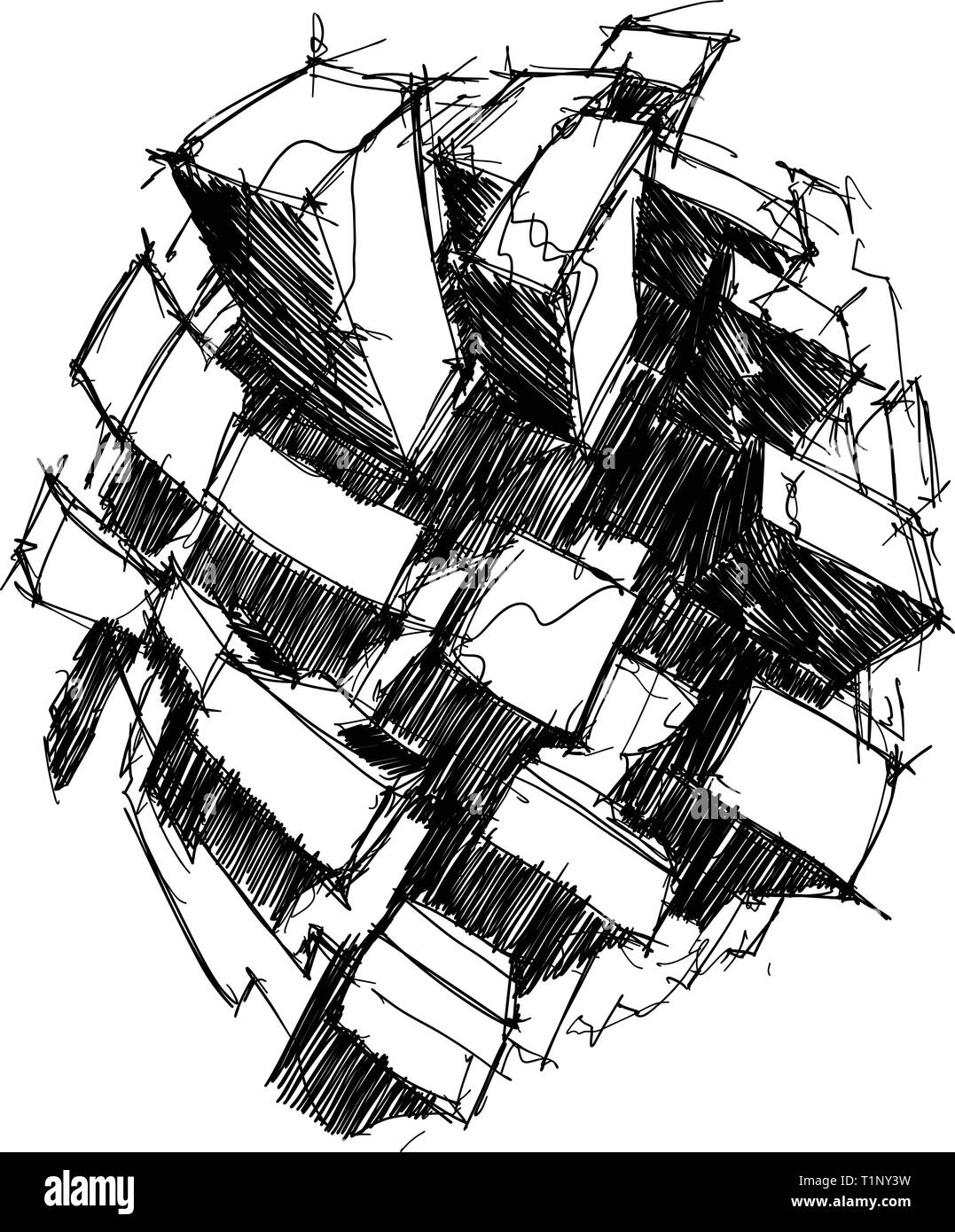 Hand gezeichnet architektonische Skizze eines modernen abstrakten rechteckige Architektur von fischaugenobjektiv Stock Vektor