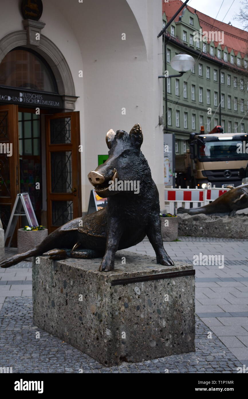 Statue von einem Eber vor der Natural Science Museum in München. Stockfoto