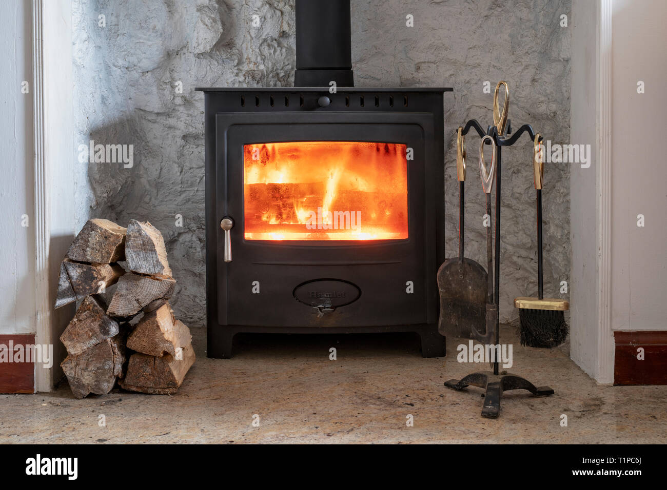 Holz Brennen in einem Kaminofen mit einem Stapel von Protokollen. Schottland Stockfoto