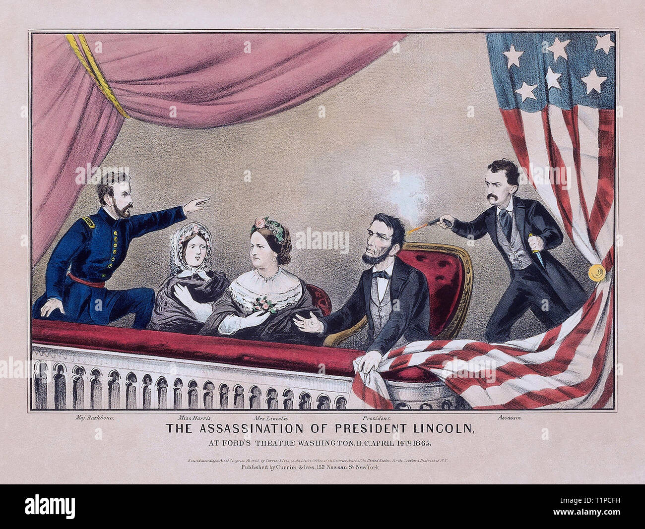 Attentat auf Präsident Abraham Lincoln, 1865, handkolorierte Lithographie, privaten Sammlung. Von links nach rechts, Henry Rathbone, Clara Harris, Mary Todd Lincoln, Abraham Lincoln und John Wilkes Booth. Stockfoto