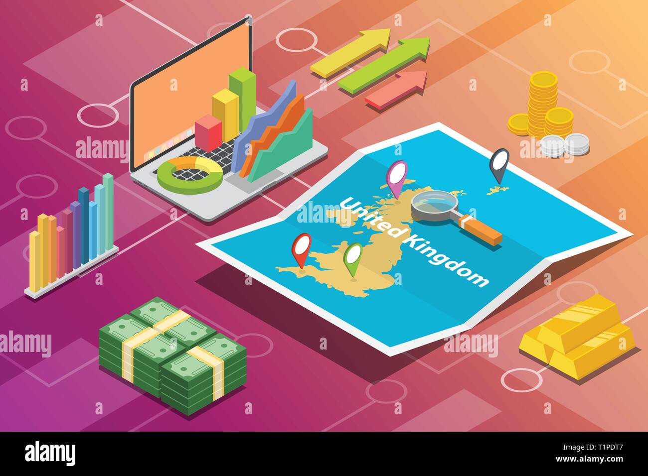 Vereinigtes Königreich Großbritannien isometrische Wirtschaft Wachstum Land mit Karte und Finanzen Zustand-Vektor Stock Vektor