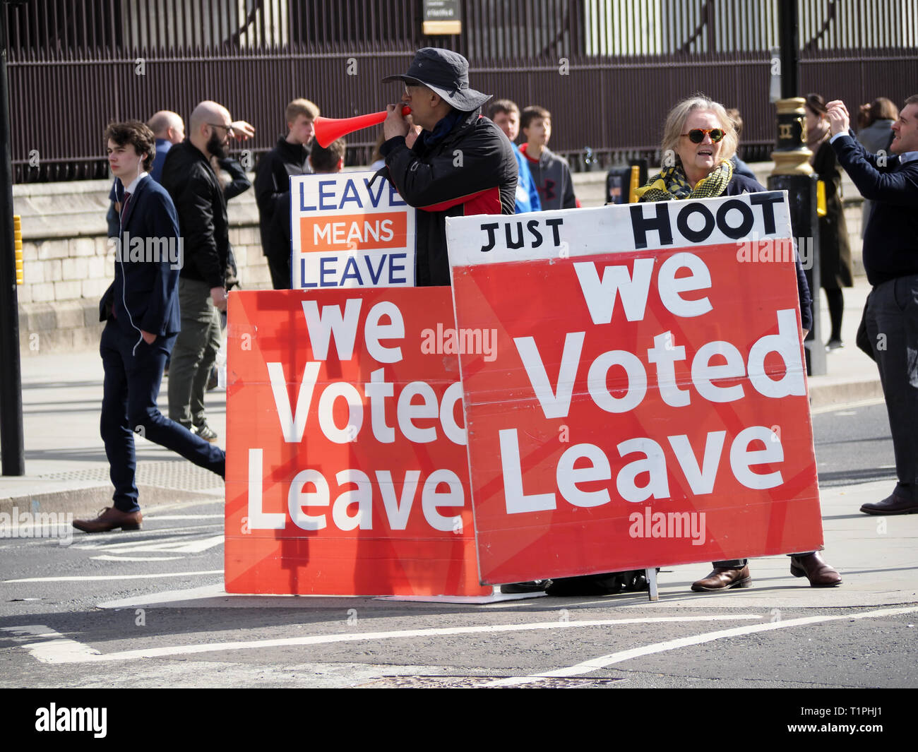 Blick auf Pro-Brexit-Demonstranten mit We Voted Leave und Just Hoot-Plakaten vor dem Westminster-Parlament in London Stockfoto