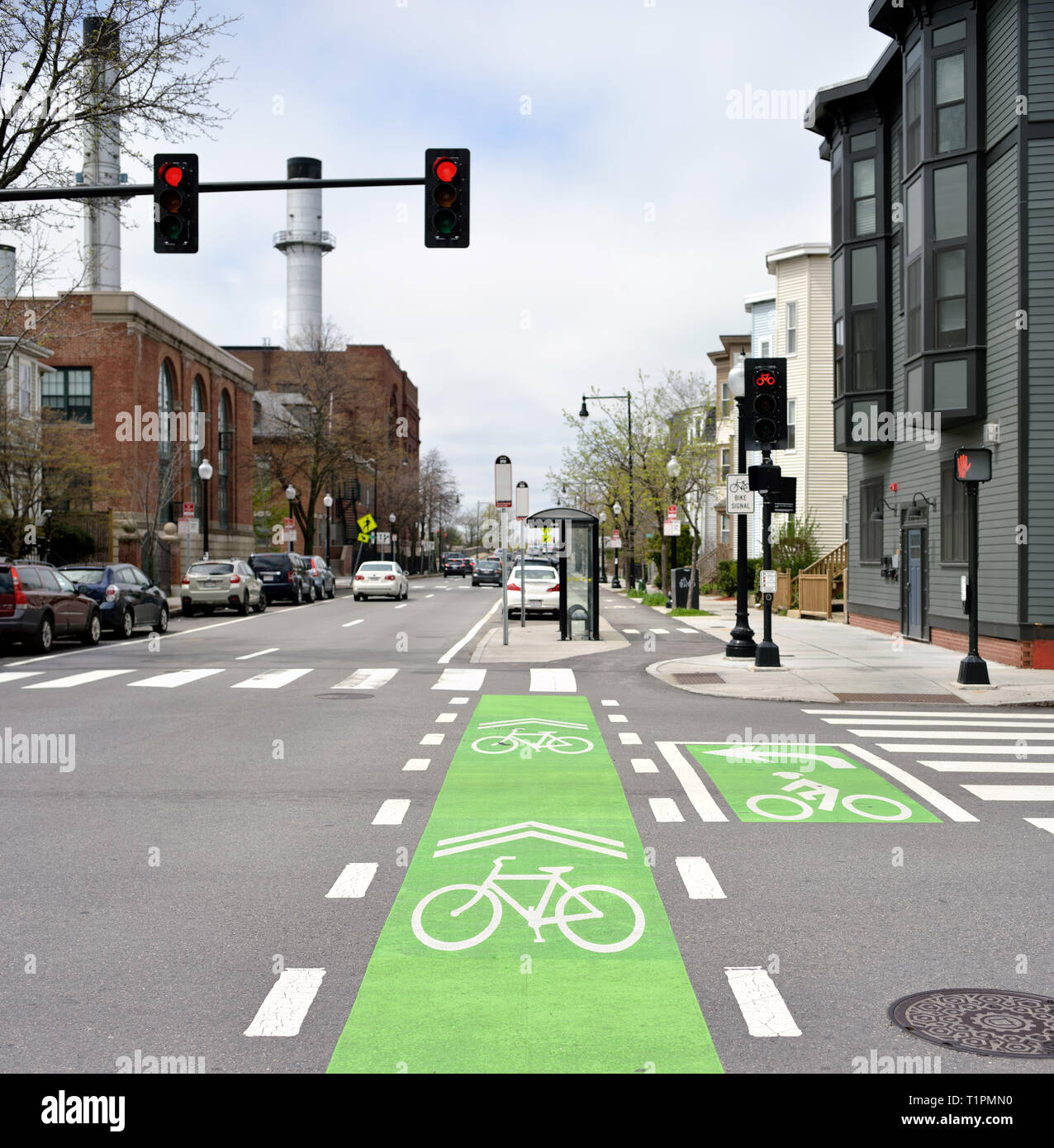 Geschützt Radweg und Kreuzung Kennzeichnungen auf der Straße der Stadt. Fahrrad Ampeln und Schilder gemalt auf Grün und Weiß Stockfoto