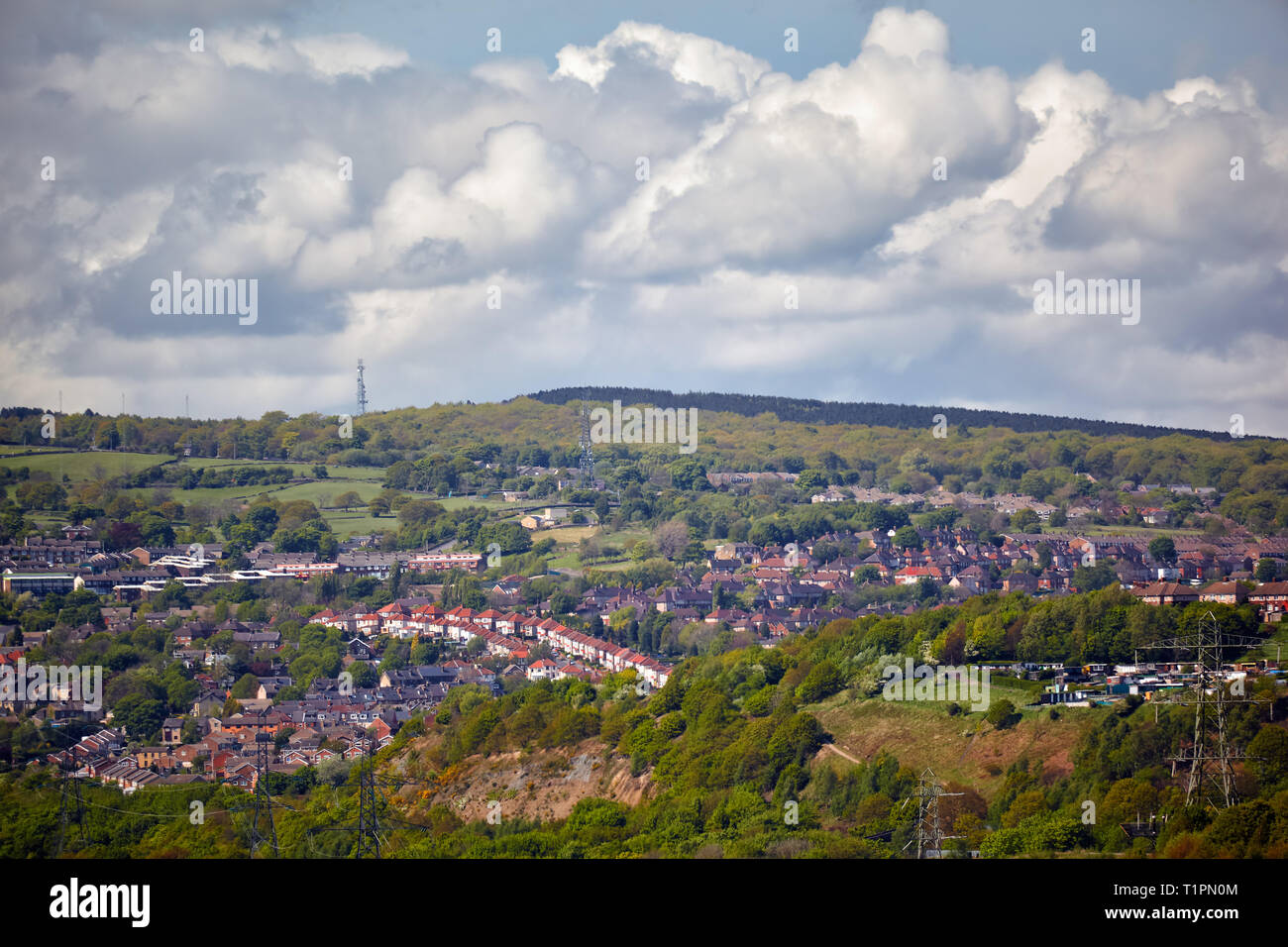 Der Blick aus der Vogelperspektive auf die Wohngebiete von Stadthäusern in der Landschaft von South Yorkshire. England Stockfoto