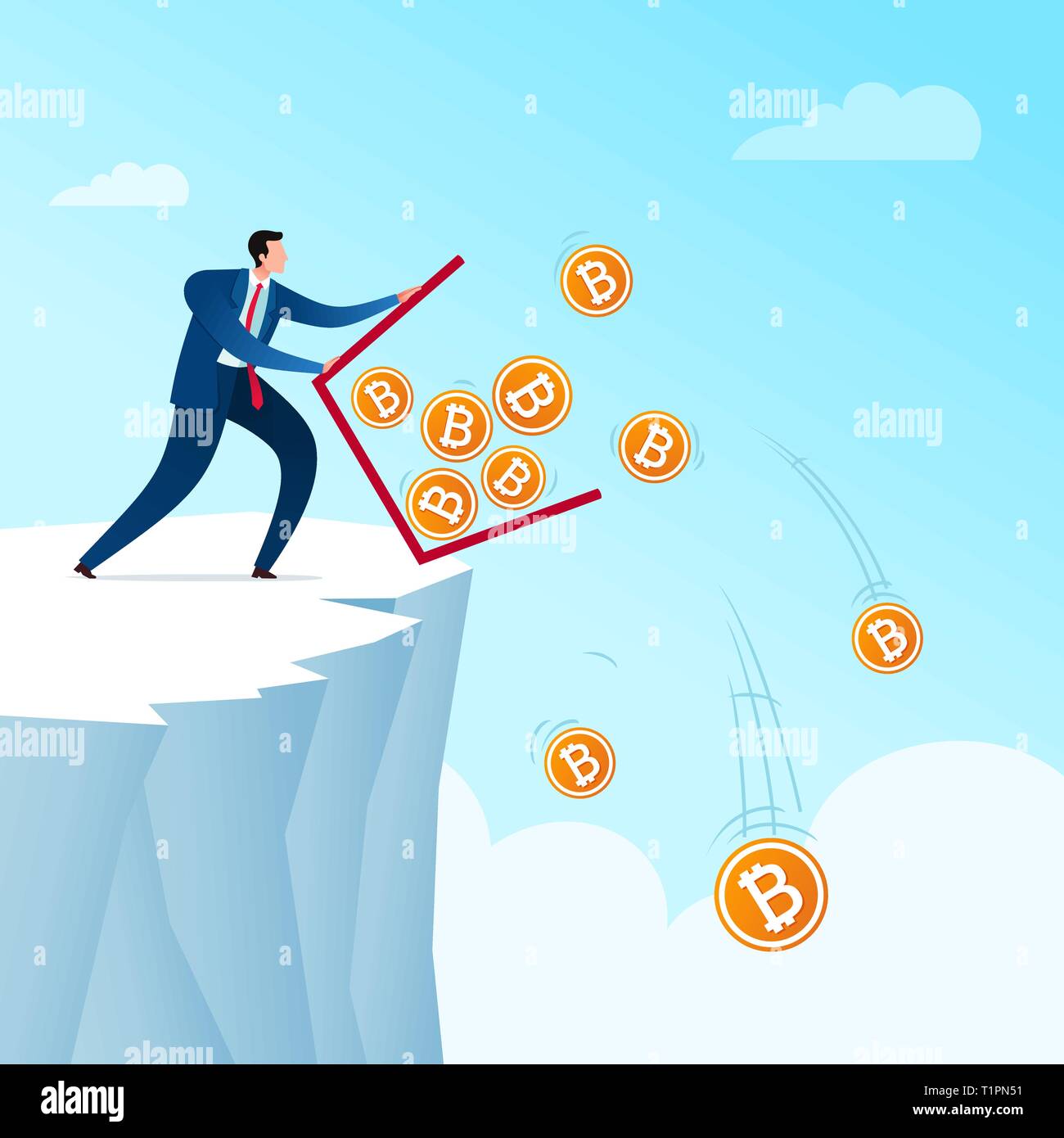 Geschäftsmann wegwerfen bitcoin Währung zu speichern. Geschäftskonzept Vector Illustration. Stock Vektor
