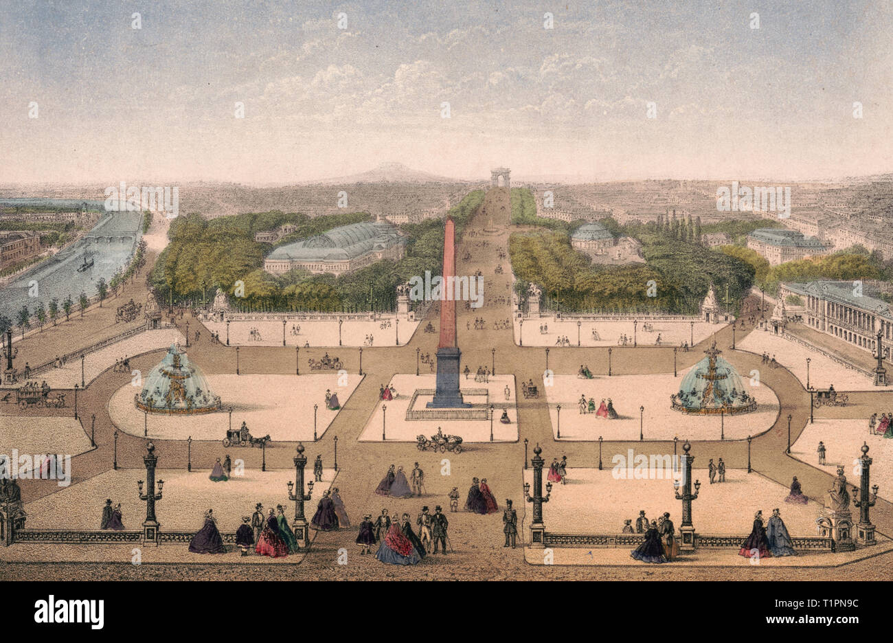 Paris. Place de la Concorde - Drucken zeigt ein Blick aus der Vogelperspektive auf Obelisken auf der Place de la Concorde, mit Fußgängern auf dem Platz, Brunnen, der Seine, und anderen Gebäuden. Um 1870 Stockfoto