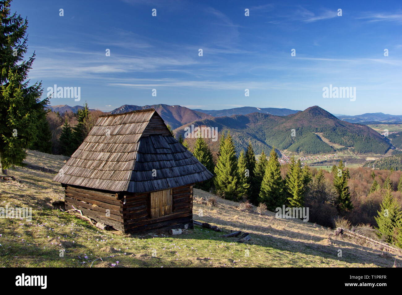 Alten hölzernen Unterstand auf dem Berg Wiese, Weide in der Slowakischen Landschaft Stockfoto