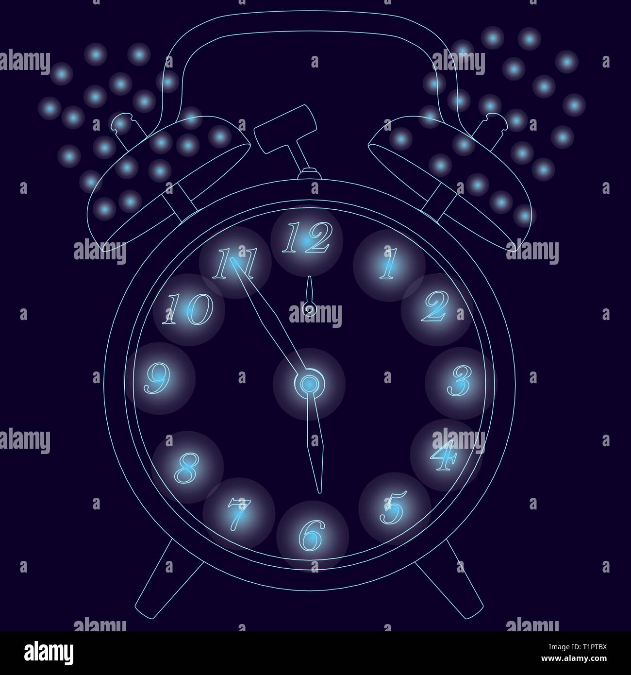 Kontur der alte Uhr mit Wecker. Kontur der Uhr der blaue Linien auf einem dunklen Hintergrund mit glühenden Lichter. Vector Illustration Stock Vektor