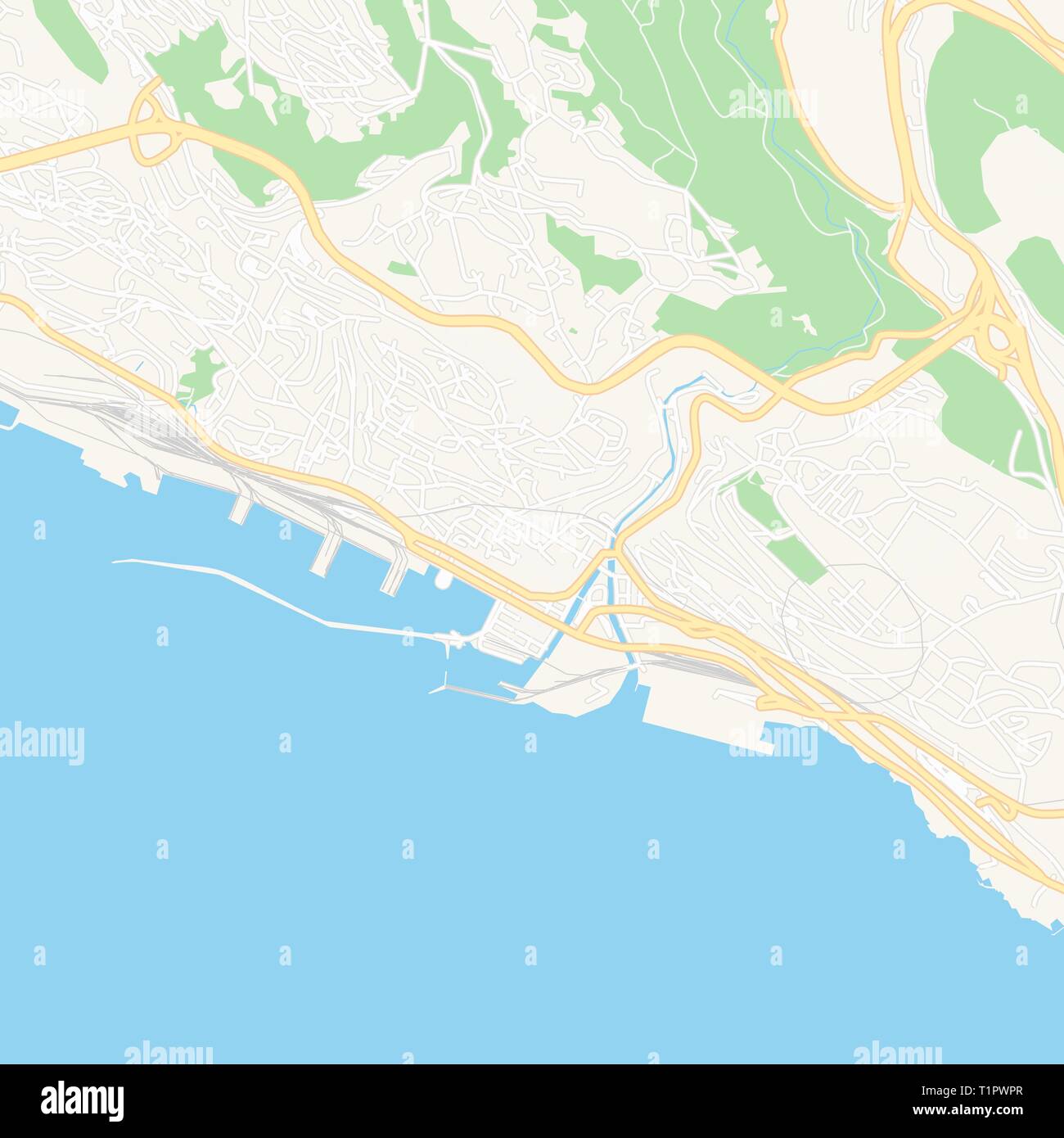 Druckbare Karte von Rijeka, Kroatien mit Haupt- und Nebenstraßen und größere Bahnen. Diese Karte 
