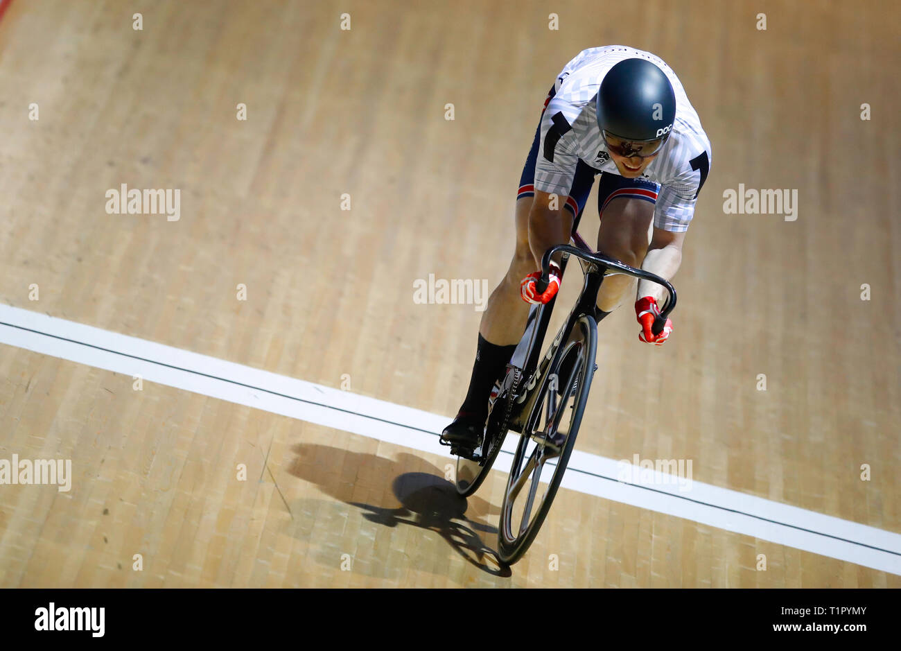 Jason Kelly in der Men's Sprinter allgemeine Klassifikation Rennen bei Tag zwei der sechs Tag Serie Manchester an der HSBC UK National Radfahren Center. Stockfoto
