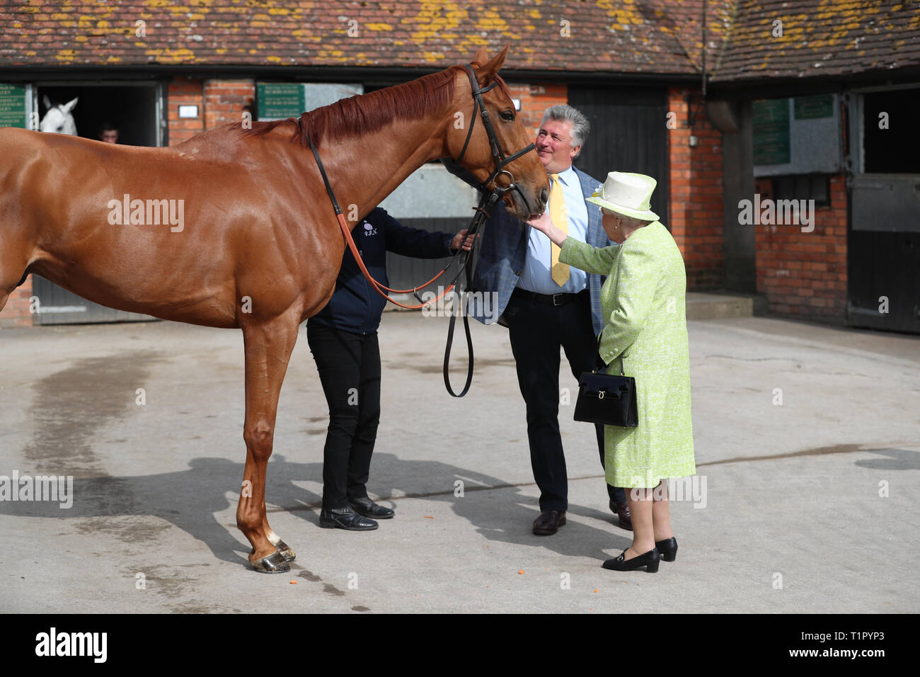 Queen Elizabeth II mit Trainer Paul Nicholls Fütterung Karotten zu einem Pferd auf der Manor Farm Stables im Ditcheat, Somerset, wo Sie mit Trainern und Mitarbeitern, um die Pferde auf der Parade und von der Universität von Bath über Forschungsprojekte auf den Pferdesport spinalen Verletzungen und Rennpferd wohl hören. Stockfoto