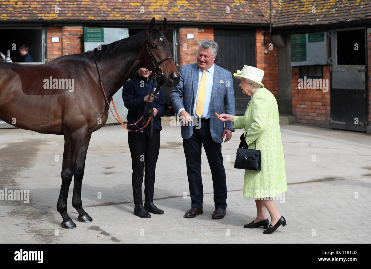 Queen Elizabeth II mit Trainer Paul Nicholls Fütterung Karotten zu Rennpferd McFabulous auf der Manor Farm Stables im Ditcheat, Somerset, wo Sie mit Trainern und Mitarbeitern, um die Pferde auf der Parade und von der Universität von Bath über Forschungsprojekte auf den Pferdesport spinalen Verletzungen und Rennpferd wohl hören. Stockfoto