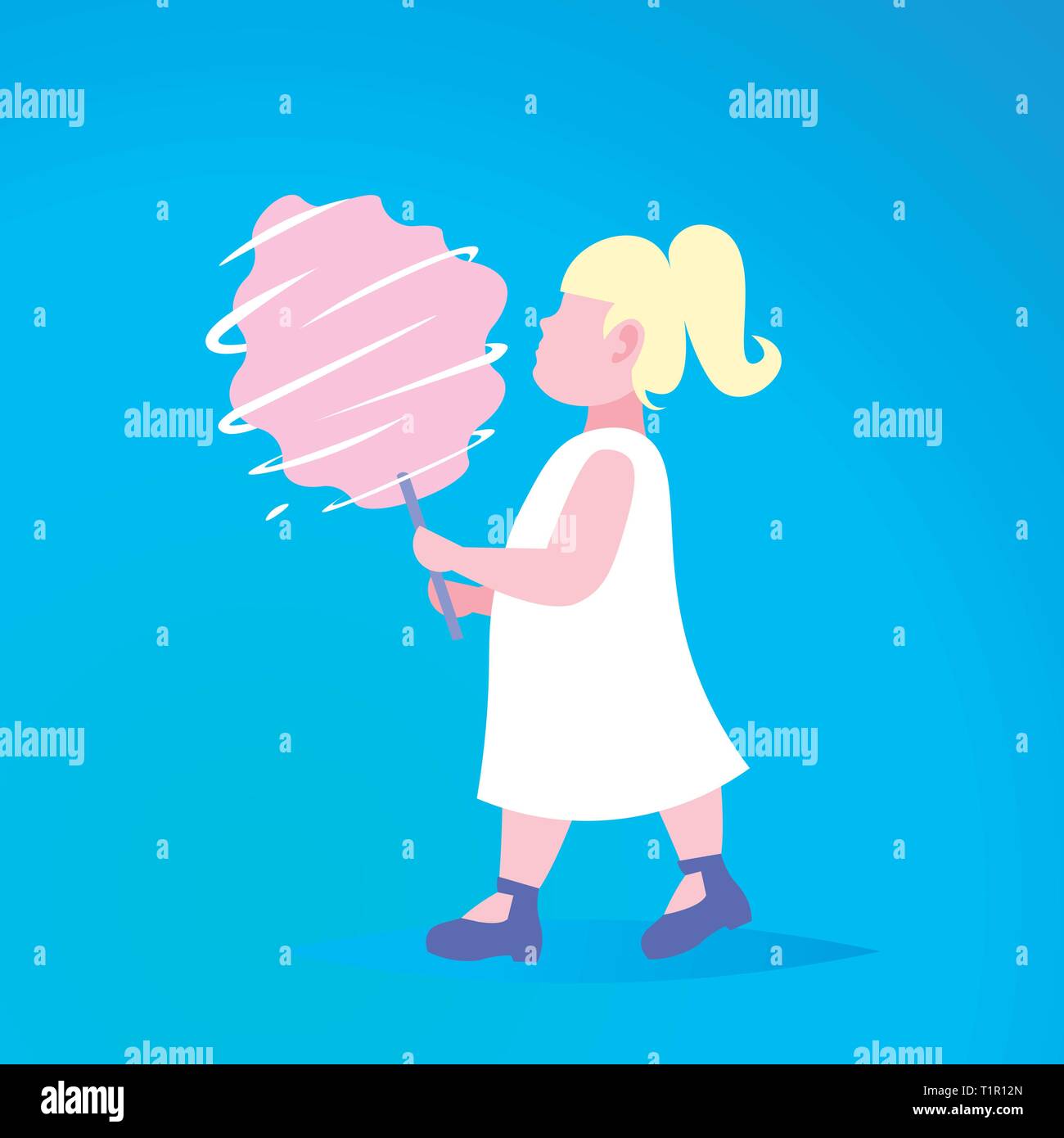 Kleines Mädchen essen Pink Candy-Glasschlacke niedliche Kind Walking City Park Spaß weibliche Comicfigur in voller Länge blauer Hintergrund, flach Stock Vektor
