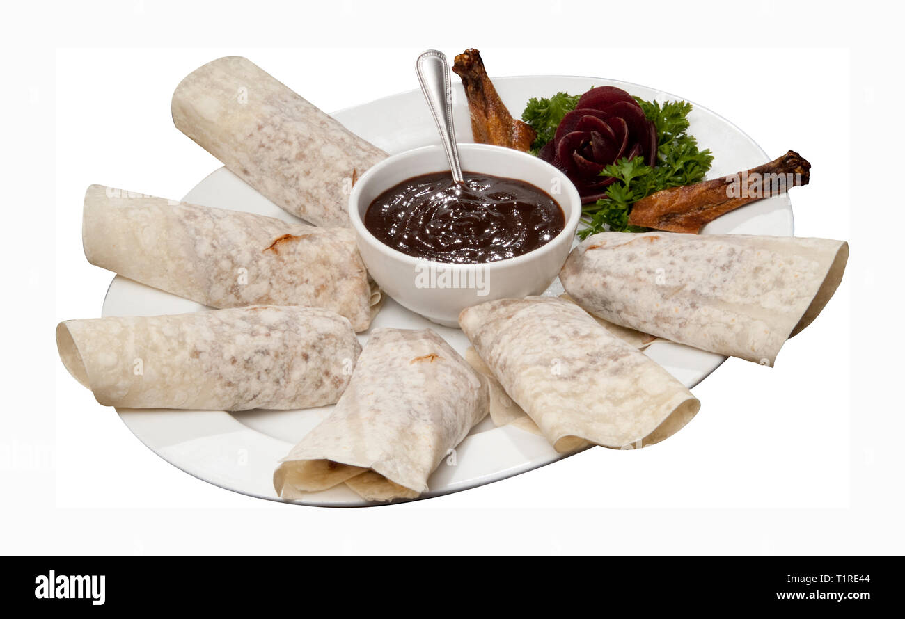 Ente Pfannkuchen mit Hoisin Sauce Stockfoto