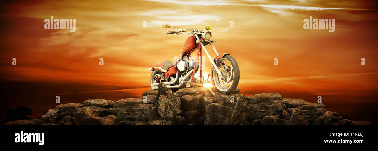 Motorrad bei Sonnenuntergang. 3D-Rendering Stockfoto