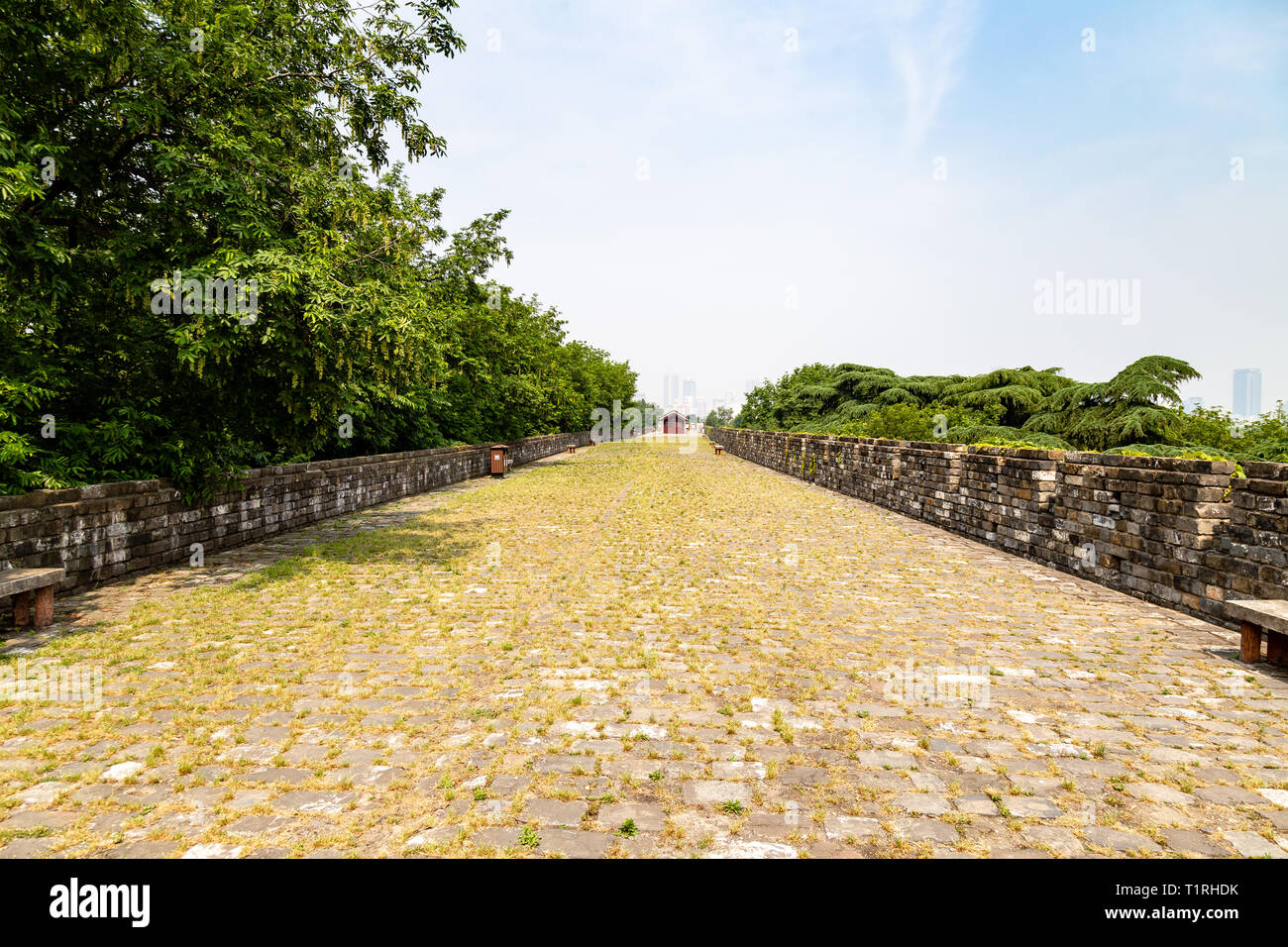 Mai 2017 - Nanjing, Jiangsu, China - ein Teil der alten Stadtmauer in der Nähe der Ming Dynastie Jiming Tempel. Nanjing hat eines der am besten erhaltenen Stadtmauern Stockfoto