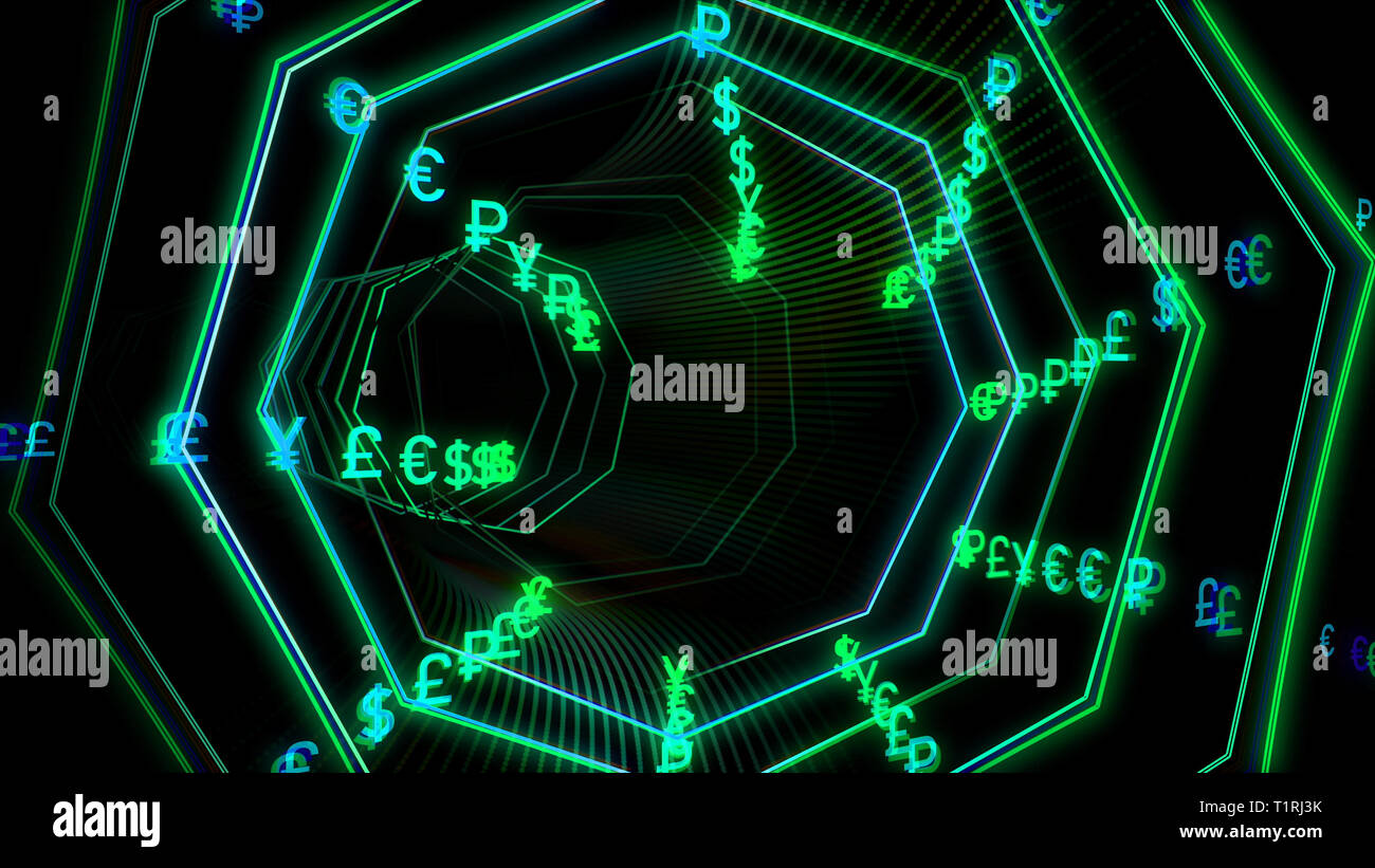 Futuristische Technologie cyberspace Tunnel mit Währung stream Abbildung Stockfoto
