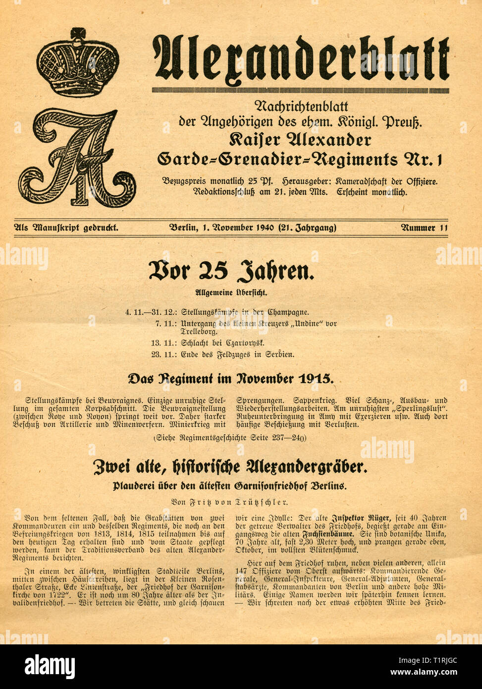 Deutschland, Berlin, WK I, Patriotismus, 'Alexanderblatt', Newsletter für die Mitglieder der ehemaligen königlichen Preußen Kaiser Alexander Garde-Grenadier-Regiment Nr. 1, Ausgabe vom 1. 11. 1940, das Jahr 21, Nr. 11. , Additional-Rights - Clearance-Info - Not-Available Stockfoto