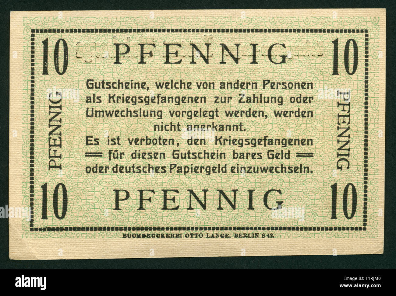 Deutschland, Brandenburg, Zossen, Weinberge, WK I, gefangenenlager Zossen - Weinberge, Geld für die Gefangenen, Kenntnis von zehn Pence, Rückseite, von Otto Lange, Berlin, Größe 10 cm x 6,7 cm gedruckt. , Additional-Rights - Clearance-Info - Not-Available Stockfoto