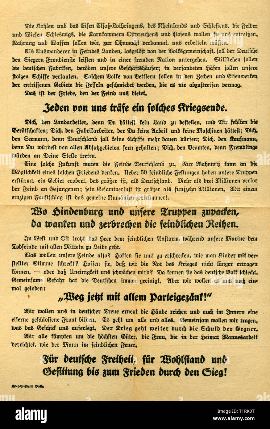 Deutschland, Berlin, WW I, propagandaplakat des Krieges Pressestelle mit einer Zeichnung von Louis Oppenheim (1879-1936), ein Blatt mit zwei Seiten mit Text, Seite 2 von 2, Rückseite, veröffentlicht 1917/1918?., Additional-Rights - Clearance-Info - Not-Available Stockfoto