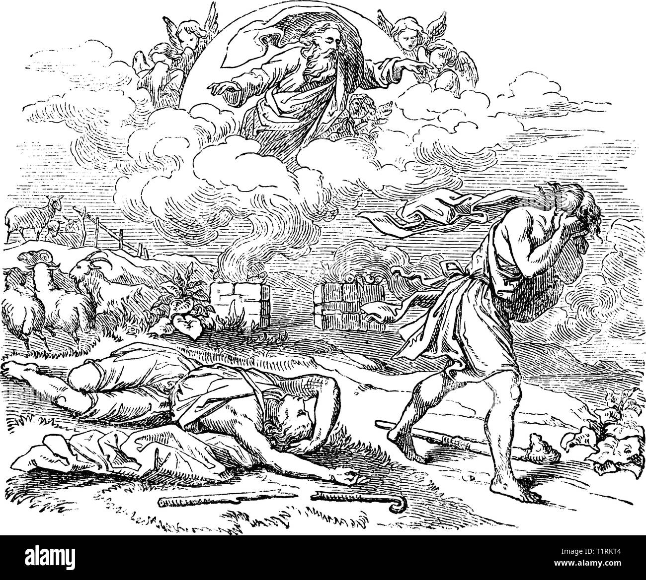 Vintage antik Abbildung und Strichzeichnung oder Gravur des biblischen Kain, der seinen Bruder Abel ermordet. Genesis 4:1-18. Stock Vektor