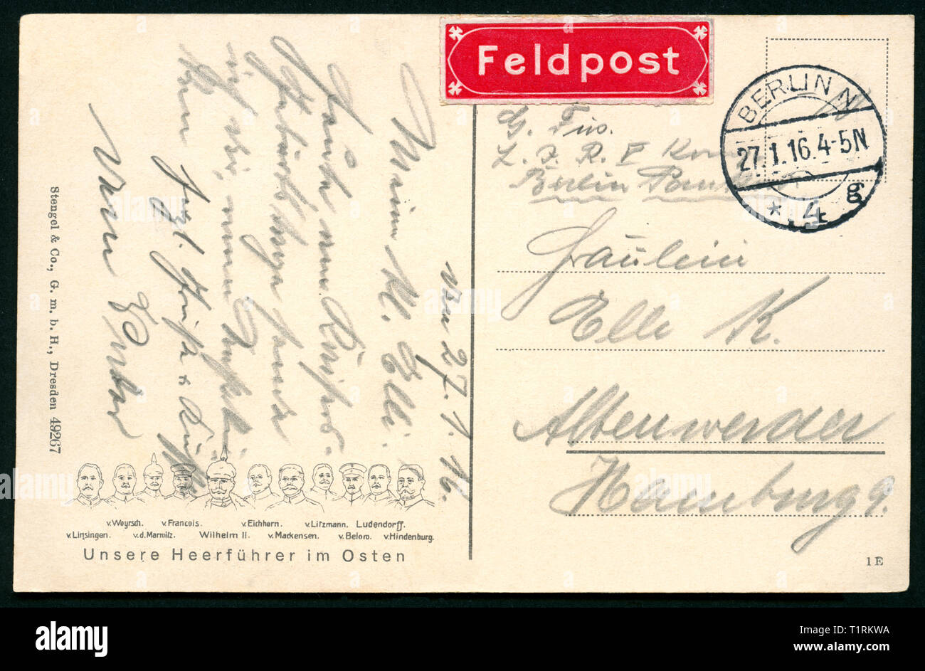 Deutschland, Berlin, Postkarte geschrieben am Geburtstag des deutschen Kaisers Wilhelm II., Postkarte gesendet wurde 27.01.1916, auf der ersten Seite der Karte gibt es die Kaiser Wilhelm II. und die Strategen der Östlich vor, auch einen Blick nv-Kräfte mit dem Label "Post". , Additional-Rights - Clearance-Info - Not-Available Stockfoto