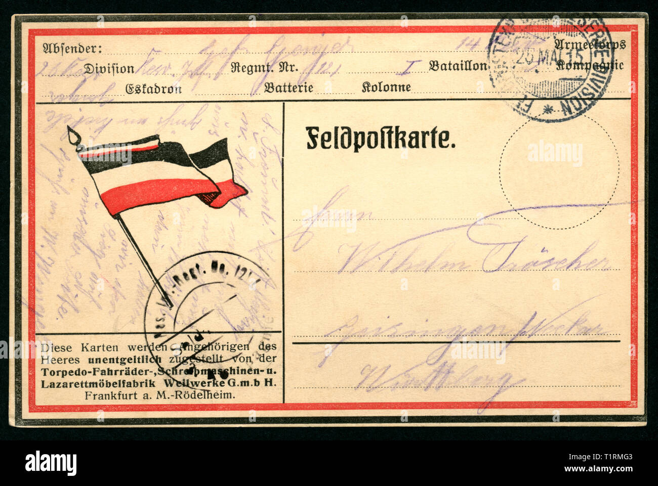 Deutschland, Baden-Württemberg, Geisingen, Freiberg, WK I, patriotischen Kräfte post Postkarte mit dem schwarz-weiß-rote Flagge des Deutschen Reiches, diese Art von Postkarte wurde allen Soldaten der Armee, gestiftet von der Firma Weilwerke GmbH, Frankfurt a. M., diese Postkarte gesendet wurde 25. 05. 1915. , Additional-Rights - Clearance-Info - Not-Available Stockfoto