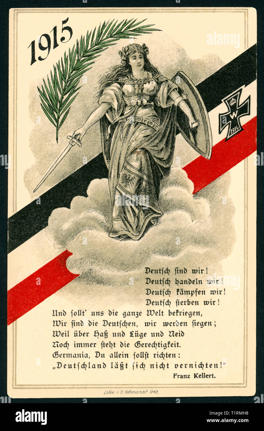 Deutschland, Sachsen-Anhalt, Werningerode, WK I, Propaganda, patriotischen Neues Jahr Postkarte oder weihnachten Postkarte mit einem Dichter Franz Kellert?: Deutsch-test sind wir! English handeln wir! (Deutsch Wir sind! Deutsche unser Tun!), mit der Germania auf eine Wolke, ein schwarz-weiß-rotes Band mit einem Eisernen Kreuz, eine Tanne und das Jahr 1915, die Postkarte gesendet wurde 31. 12. 1914, veröffentlicht von Löffler und Co, Greiz. , Additional-Rights - Clearance-Info - Not-Available Stockfoto