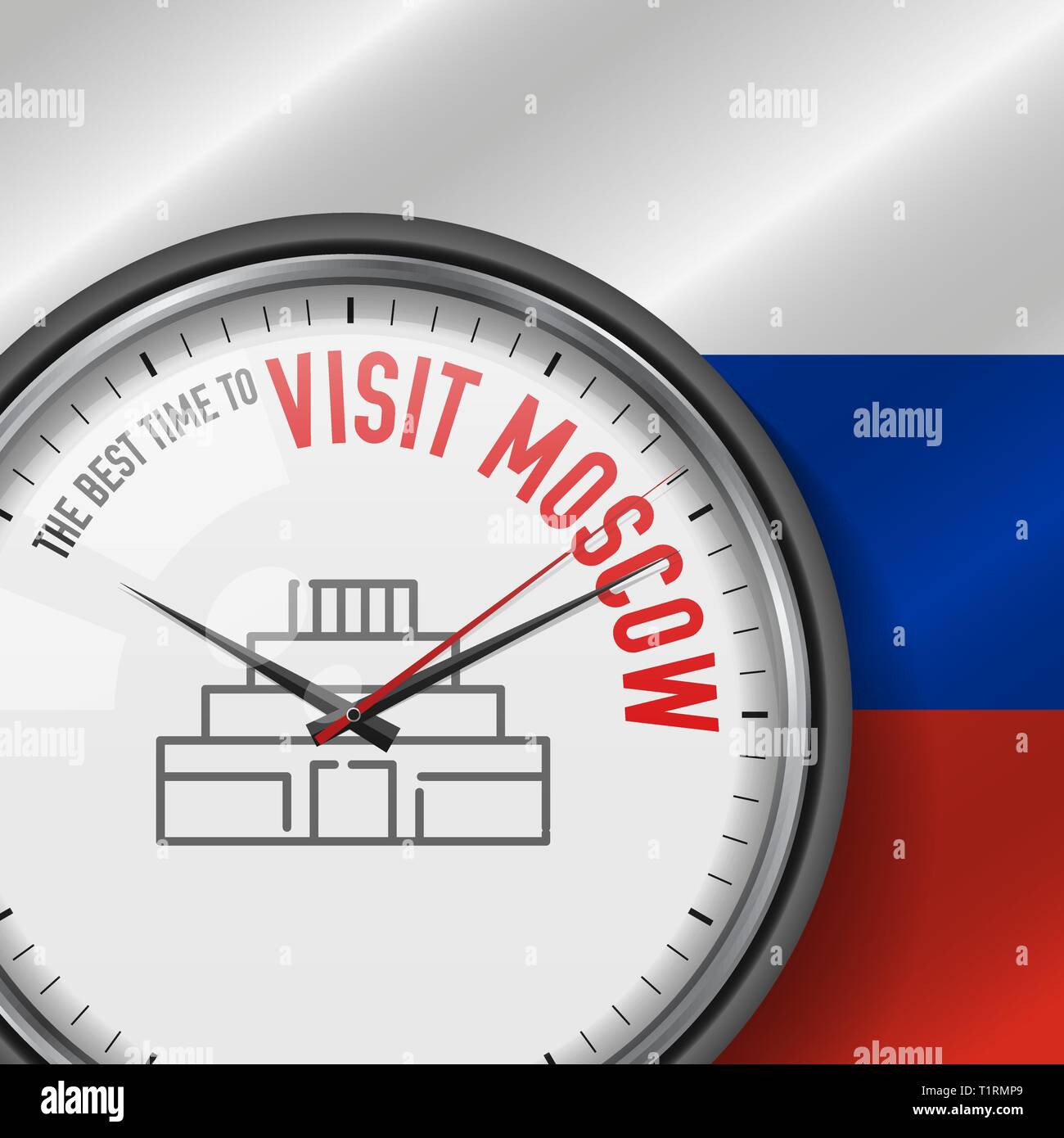 Die beste Zeit für den Besuch in Moskau. Vektor Uhr mit Slogan