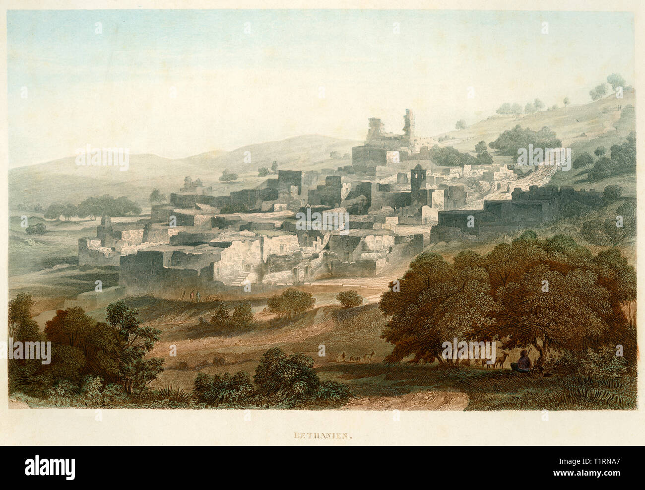 Naher Osten, West Bank, Bethanien, Blick auf den Ort, farbige Stahlstich von Poppel und Kurz nach Halbreiter von Friedrich Adolf und Friedrich Otto Strauss, um 1861. , Artist's Urheberrecht nicht gelöscht werden Stockfoto