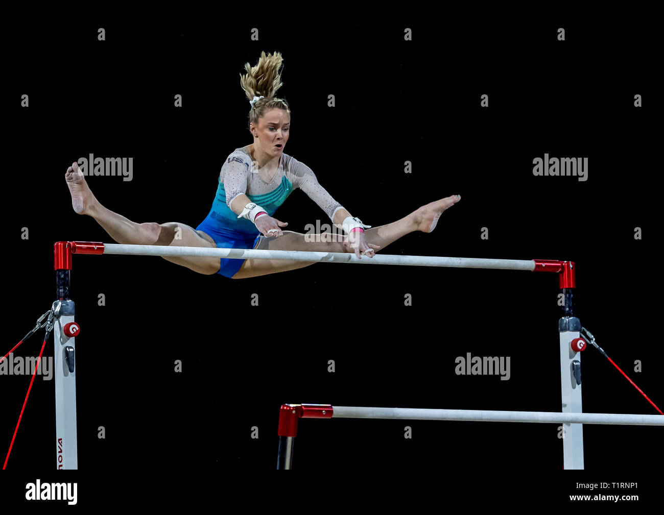 23.03.2019. Resorts World Arena, Birmingham, England. Die Gymnastik Wm 2019 Riley McCusker (USA) während der stufenbarren, Scoring 14.40 und Fin Stockfoto