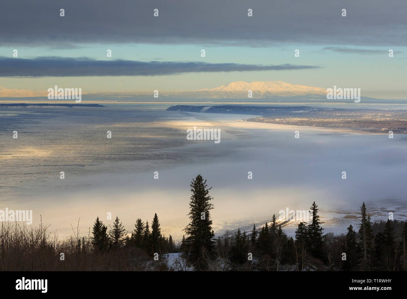 Sonnenaufgang Blick über Turnagain Arm von oben Anchorage, Alaska. Eine cloud Bank umfasst die Straße unten. Stockfoto