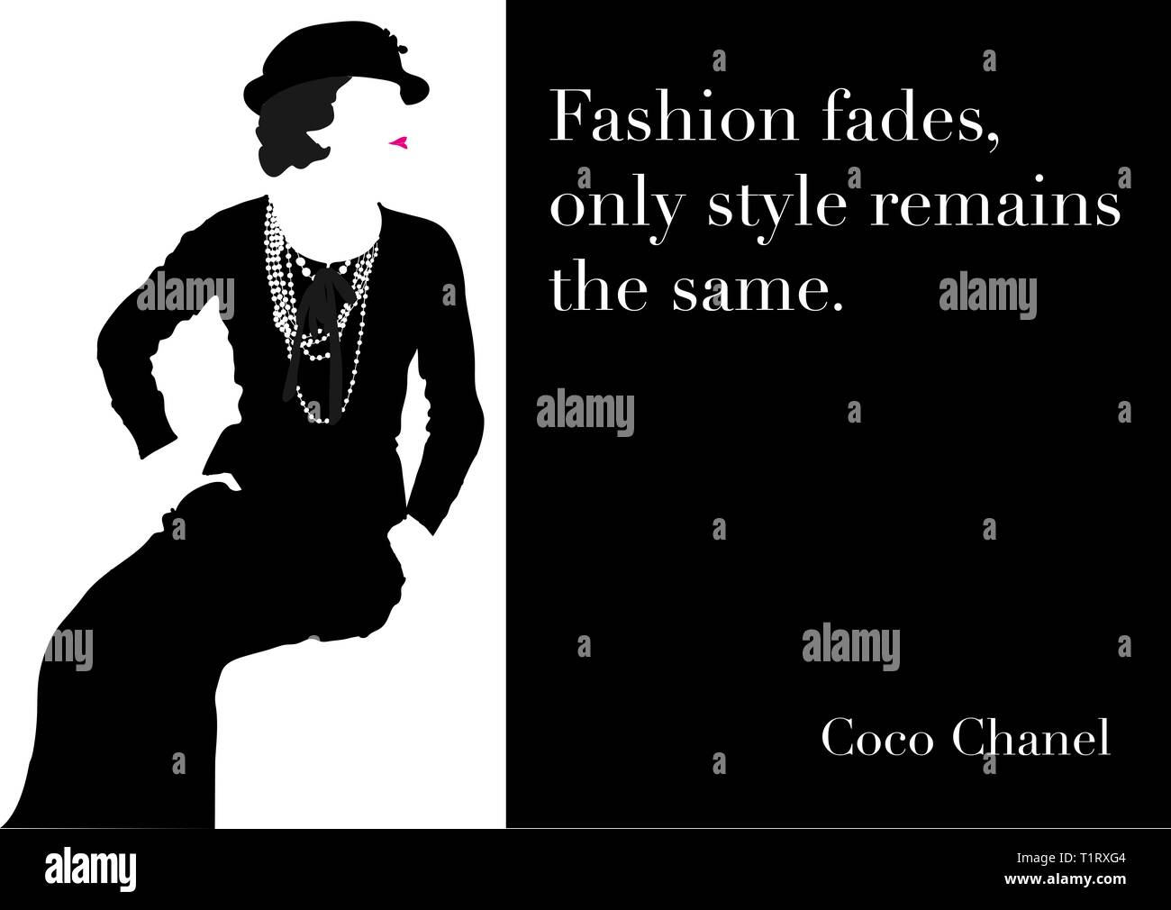 Illustration, Grafik mit Coco Chanel Zitat "Fashion Fades, nur Stil bleibt." Minimalismus, kleinen Schwarzen, Perle. Einfache Schriftart Stockfoto