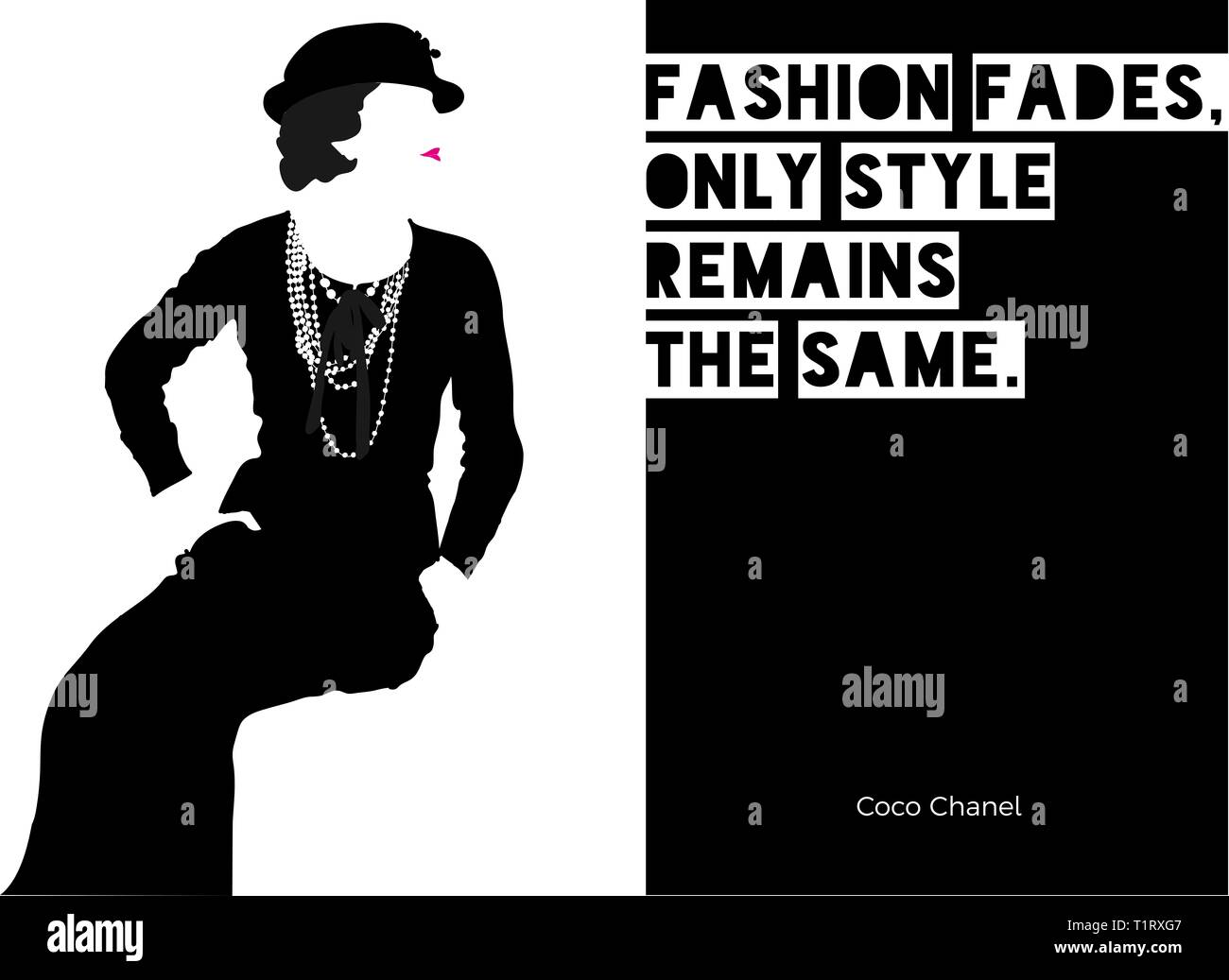 Illustration, Grafik mit Coco Chanel Zitat "Fashion Fades, nur Stil  bleibt." Minimalismus, kleinen Schwarzen, Perle. Einfache Schriftart  Stockfotografie - Alamy