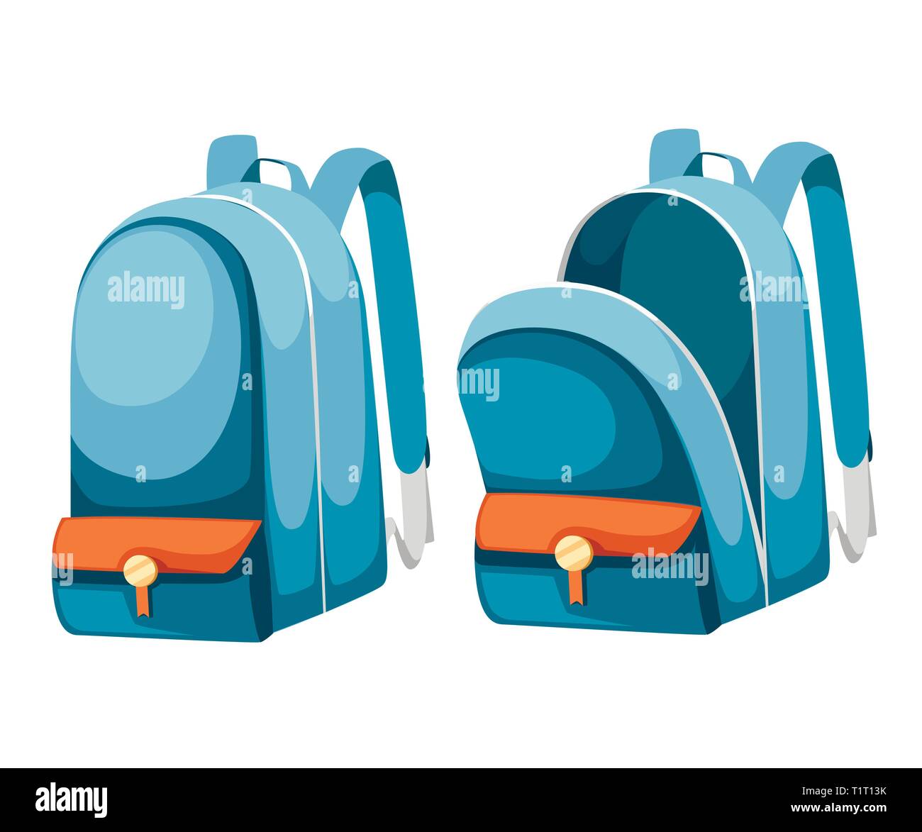 Bunte geöffnet und geschlossen Schultaschen. Leeren Rucksack. Rucksack mit Reißverschlüssen. Cartoon Design. Flache Vector Illustration auf weißem Hintergrund. Stock Vektor