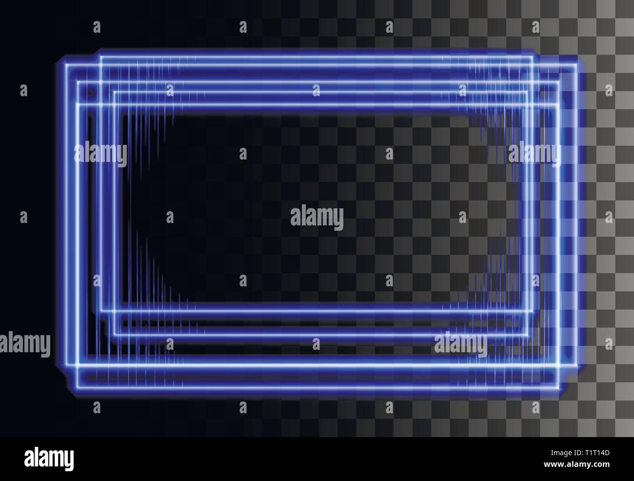 Neon style abstrakte rechteckigen Rahmen. Blau Effekt. Glitzernde, leuchtende Grenze. Abbildung auf transparenten Hintergrund. Stock Vektor