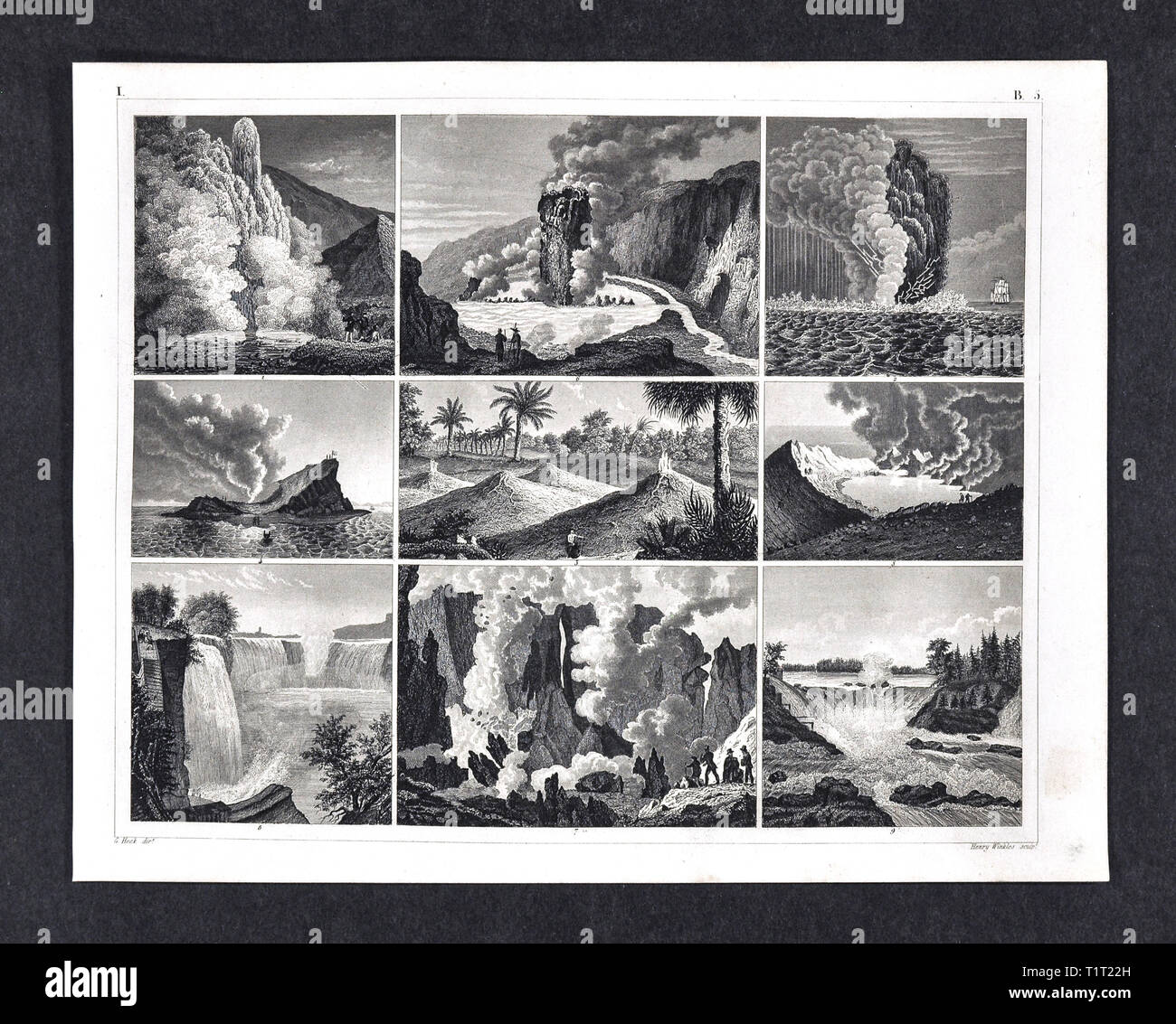 1849 Bilder Naturwissenschaften Drucken verschiedener Wasserfälle und Vulkane Stockfoto