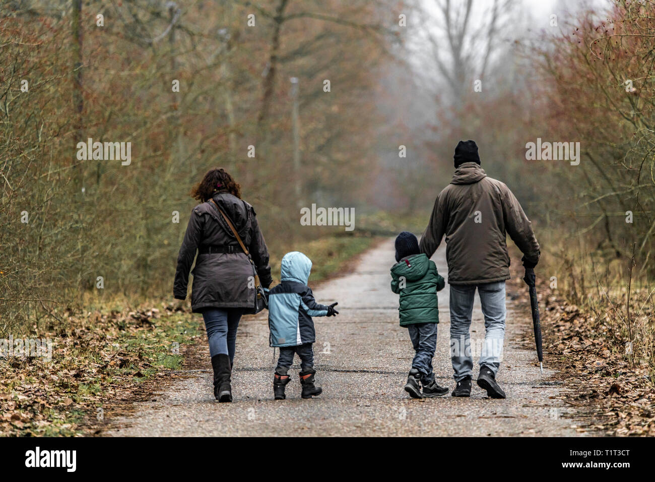 Familie, Mutter, Vater, zwei Kinder auf einem Spaziergang, Stockfoto