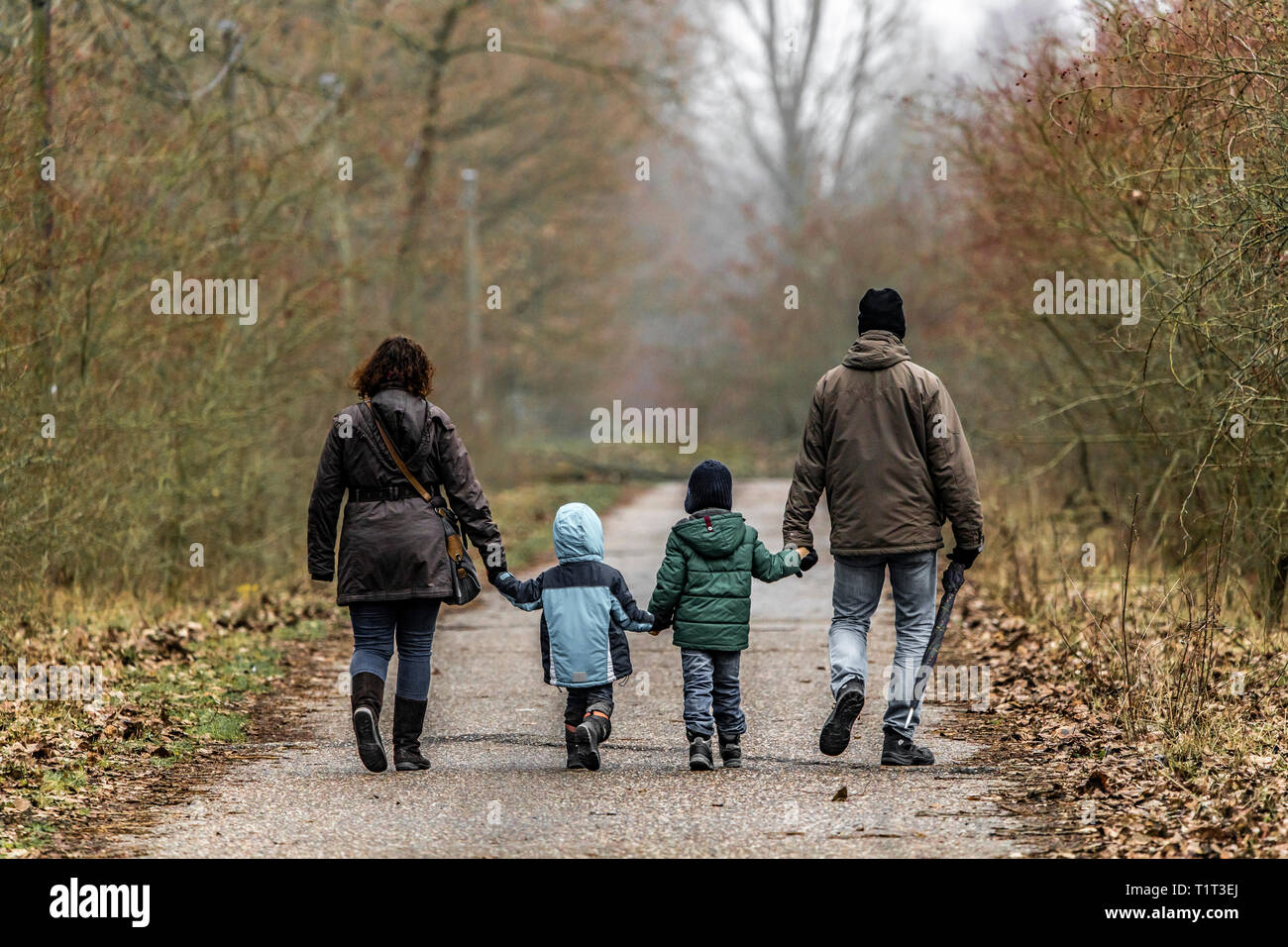 Familie, Mutter, Vater, zwei Kinder auf einem Spaziergang, Stockfoto