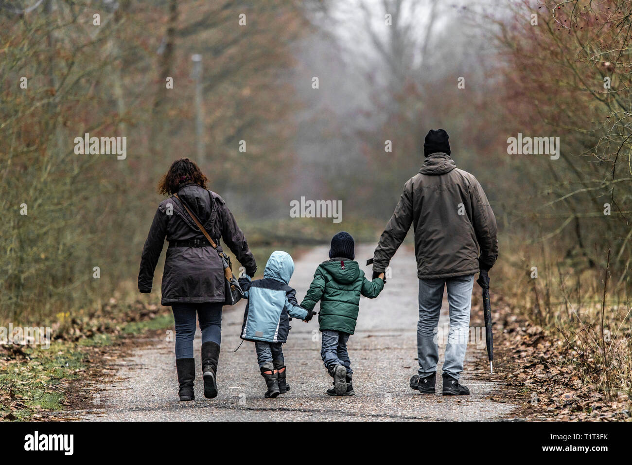 Familie, Mutter, Vater, zwei Kinder bei einem Spaziergang, Stockfoto