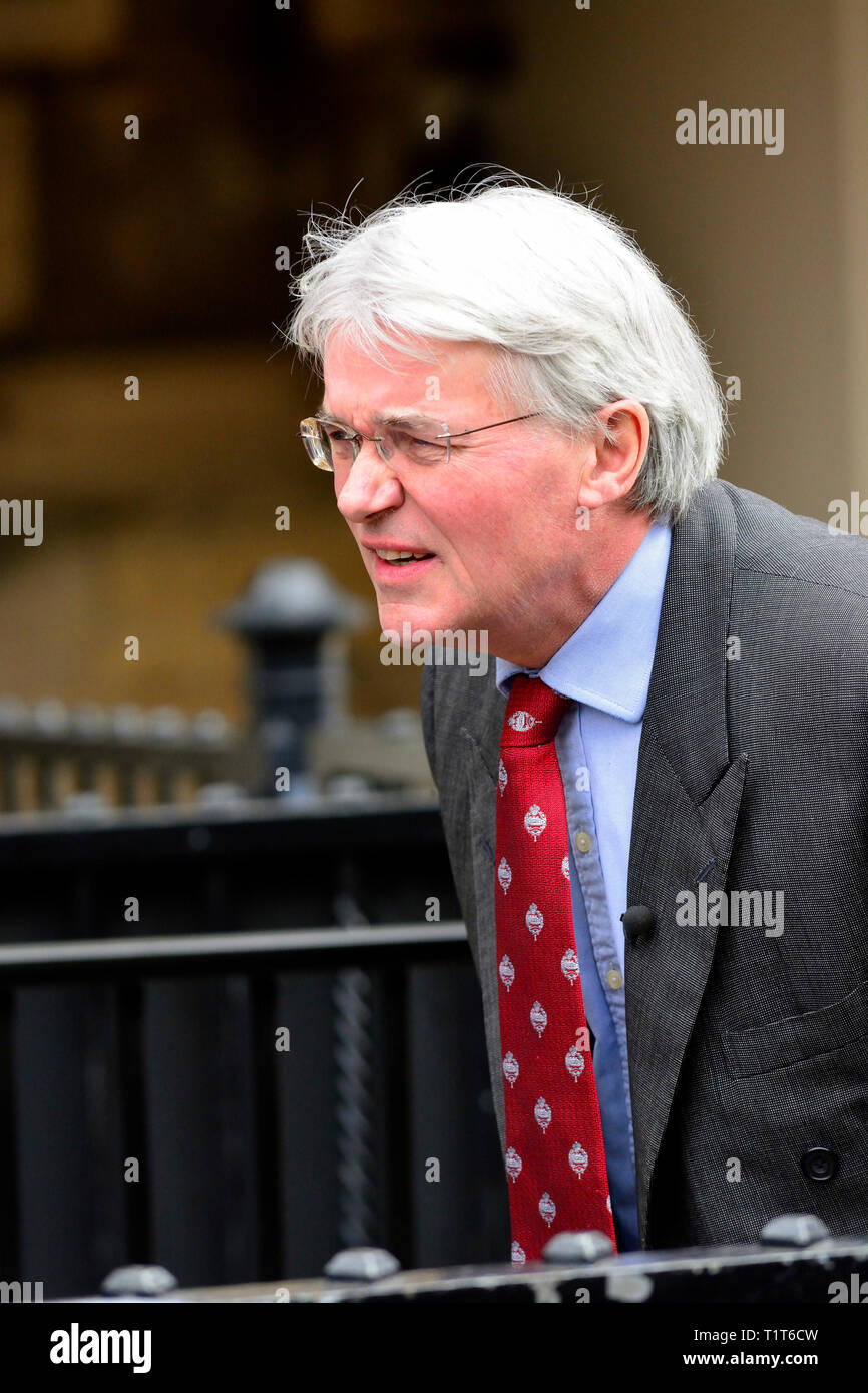 Andrew Mitchell MP (konservativ: Sutton Coldfield) in Westminster, März 2019 Stockfoto