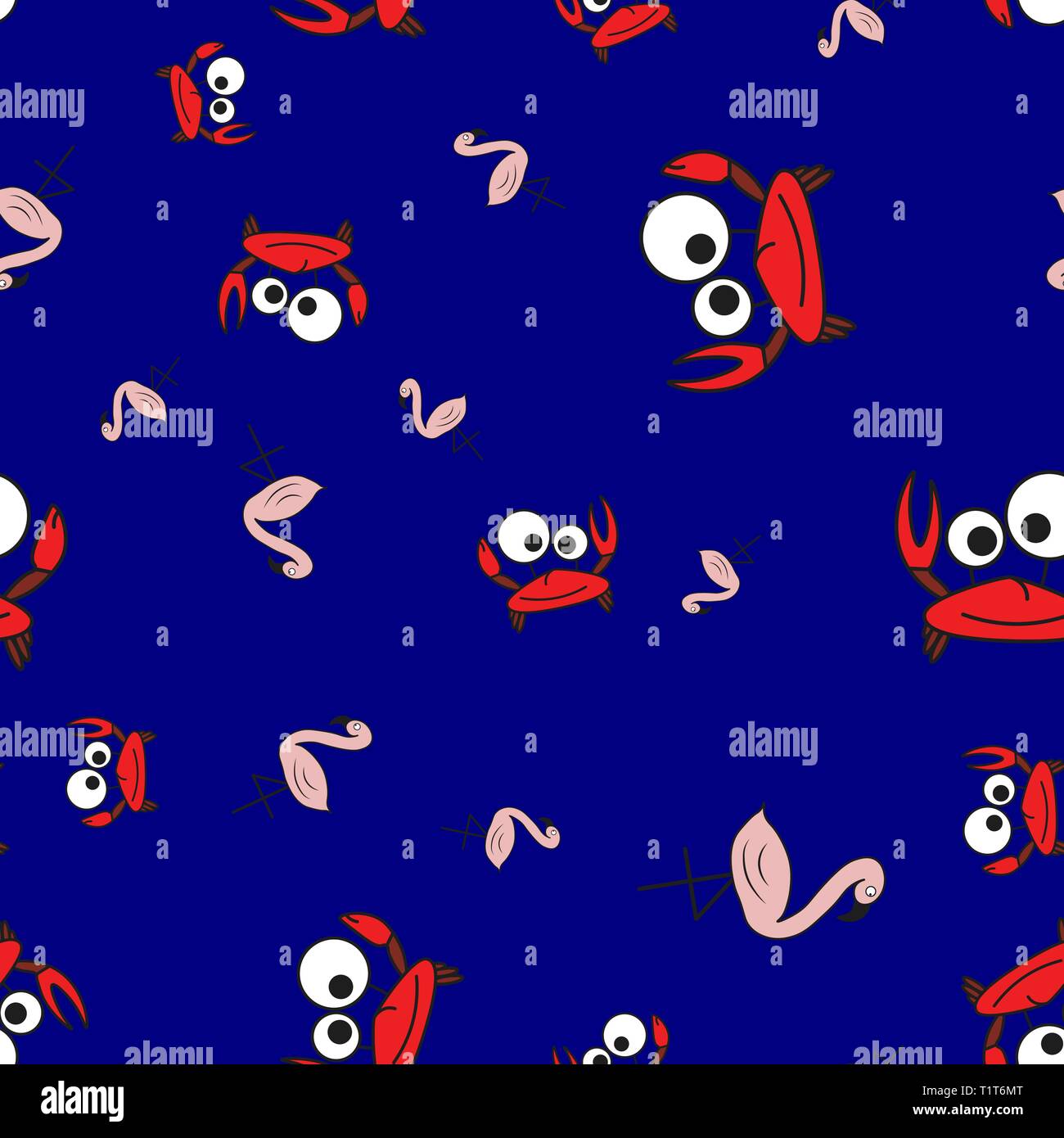 Nahtlose Muster von Krabben und Flamingos in im Comic-stil. Auf farbigen Hintergrund, Vector Illustration. Stock Vektor