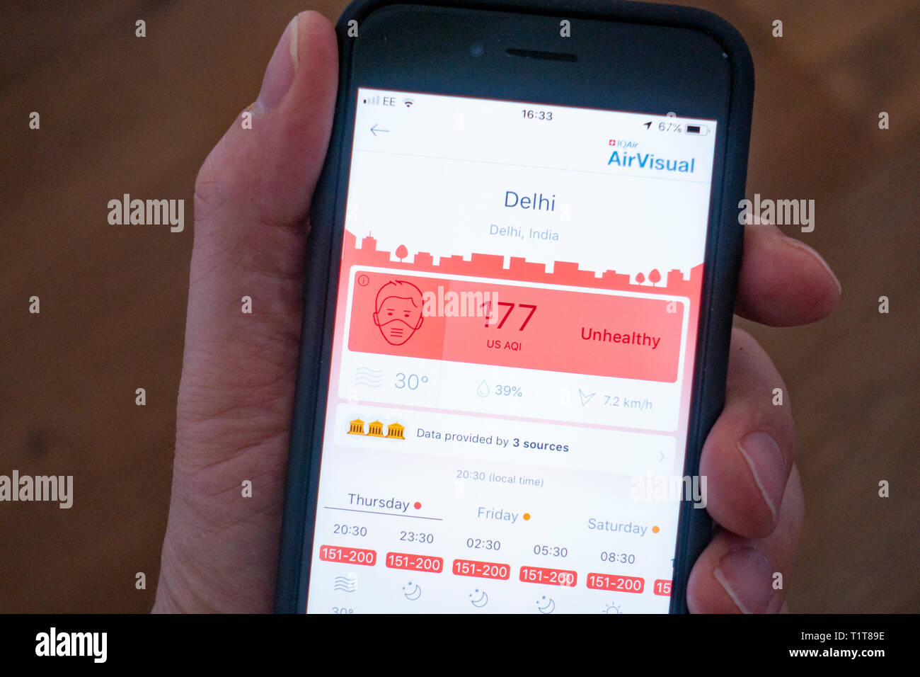 Über ein Mobiltelefon mit einem ungesunden Luftqualität in Delhi, Indien mit AirVisual app Stockfoto