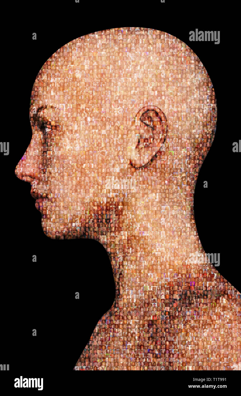 Weibliche humanoide Kopf mit Menschen Gesichter gefüllt, Konzept für soziale Medien, Soziologie und soziale Beziehungen Stockfoto