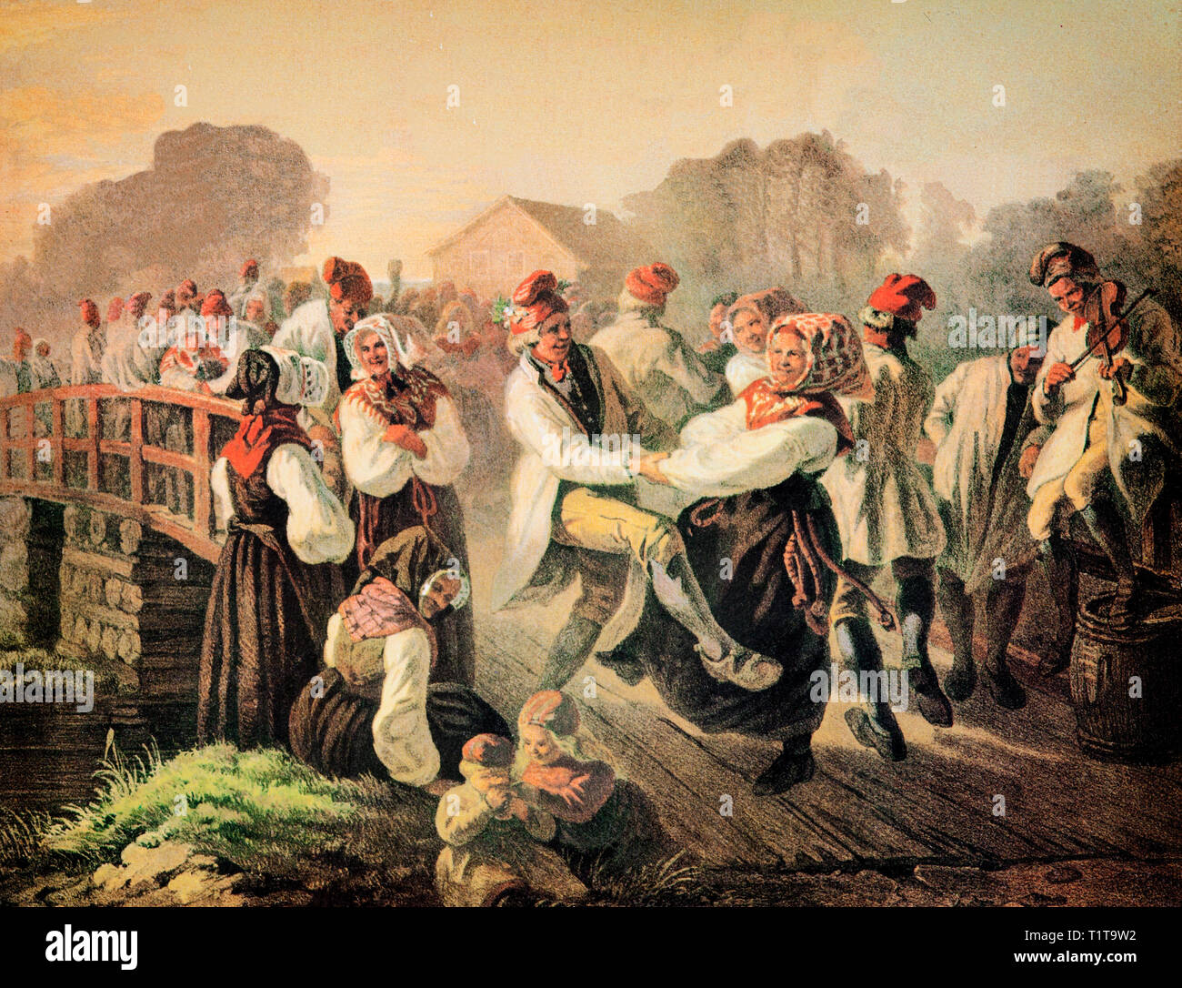 19. Jahrhundert Land Menschen tanzen auf der Floda Brücke in Scania, auch als Skåne in der südlichsten Provinz (Landskap) in Schweden Stockfoto