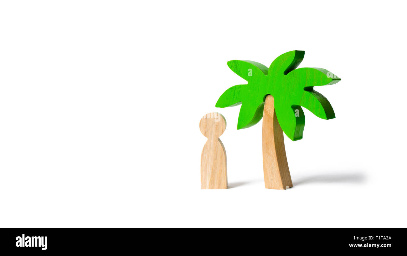 Die Abbildung der Person kosten unter einem hölzernen Palm treeon einer isolierten Hintergrund. Urlaub oder Reise. Auf einer einsamen Insel gestrandet. Persönlicher Raum und moralischen Stockfoto